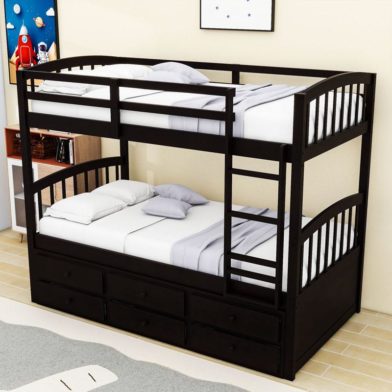 Twin-Over-Twin Wood Bunk Bed With Twin Trundle And Drawers,Ladder, Espresso