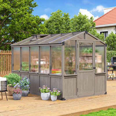 Serre en bois, serres d'extérieur, ensemble de serre, serres portables avec clous de sol et évent de toit à contrôle automatique de la température, porte verrouillable, serre en polycarbonate pour jardin extérieur