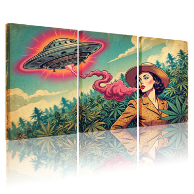 OVNI et femme avec une plante de marihuana, reproduction d'art sur toile tendue sur toile, ensemble de 3