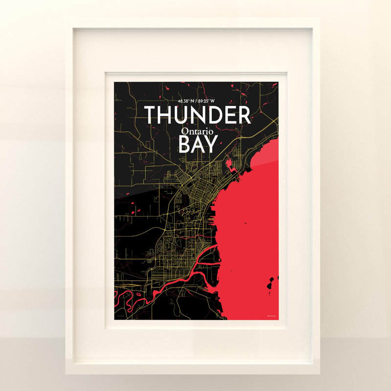 Thunder Bay City Map, impression, Noir / rouge / jaune, H 24 po x l 18 po
