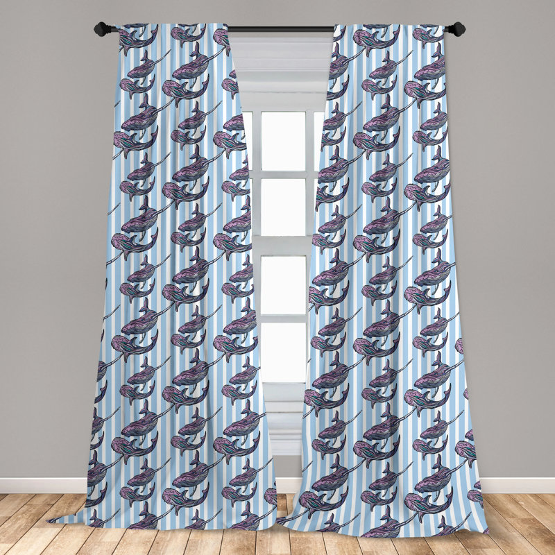Whale Pattern Light Blue and White Polyester Curtain Panels