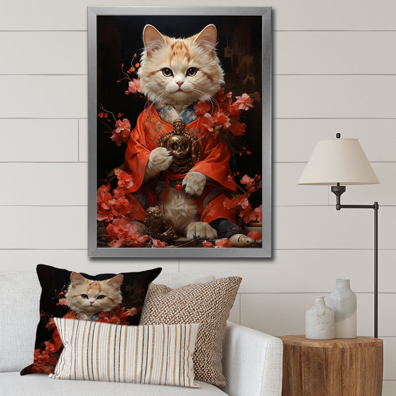 Uzay " Japon Art Waving Manekineko I ", Silver Picture Framed, 32" H x 24" W x 1" D