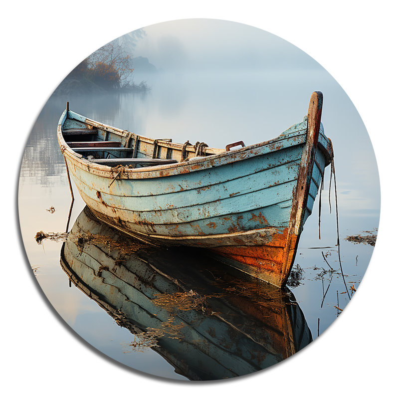 Bateau, eau sereine I - transport, art rond en métal, H 16 po x l 16 po
