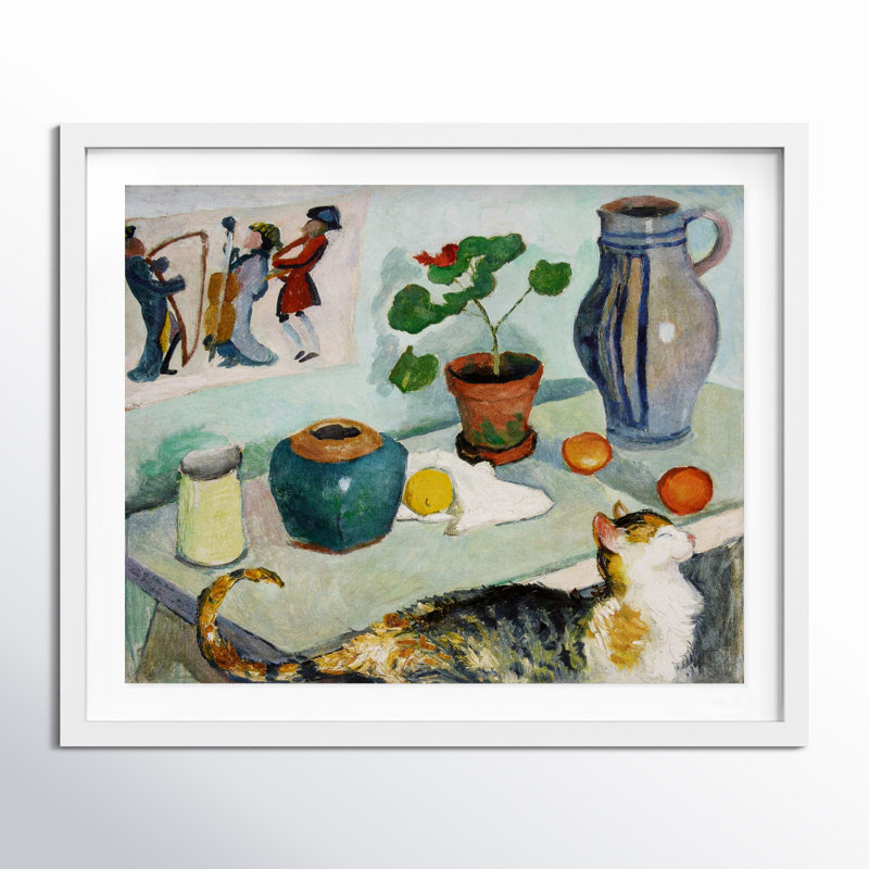 «August Mackes Still Life With A Cat», reproduction d'art encadrée par Joss & Main, Cadre blanc, H 25 po x l 31 po x P 0,5 po
