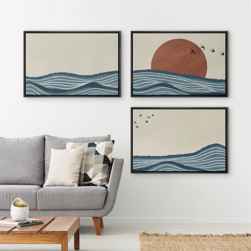 Sun And Moon " Nautical Twilight Nautical Sea And Sun Illustrations " 3 - Pieces, Black Framed, 16" H x 24" W