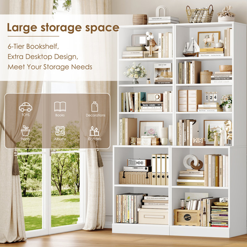 2-piece Tall Bookcase Set With Extra Desktop, Adjustable Shelves, And Enclosed Storage, Multi-functional Storage Bookshelf In White/black