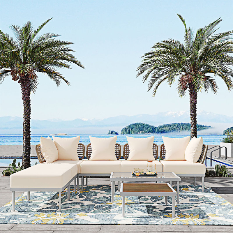 8-Piece Patio Sectional Sofa Set, Beige Cushion/White Frame