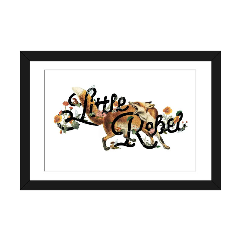 « little rebel fox », art textuel sur toile, H 16 po x l 24 po x P 1 po, Papier d'art encadré noir, Blanc