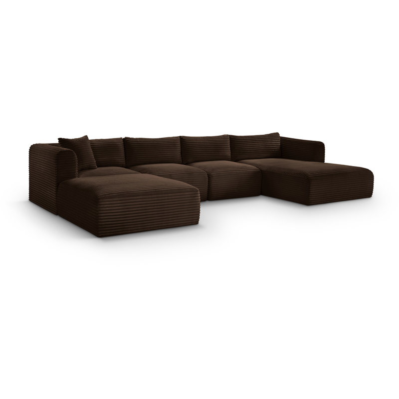 Canapé modulaire Carmean, Velours côtelé texturé brun, 2 sans accoudoirs, 1 méridienne, 1 d'angle et 1 r