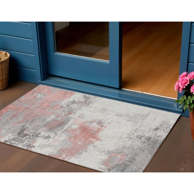 3' X 5' Coral And Gray Abstract Washable Indoor Outdoor Area Rug