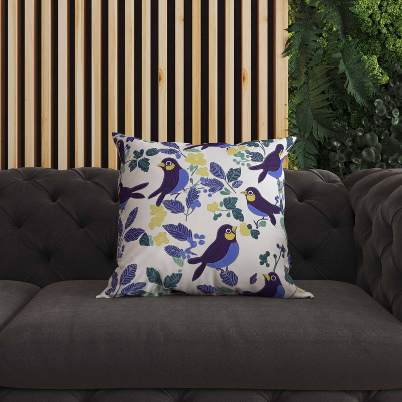 Coussin intérieur / extérieur Sweet Tweets, Bleu / Vert / Jaune, Carré 18 po