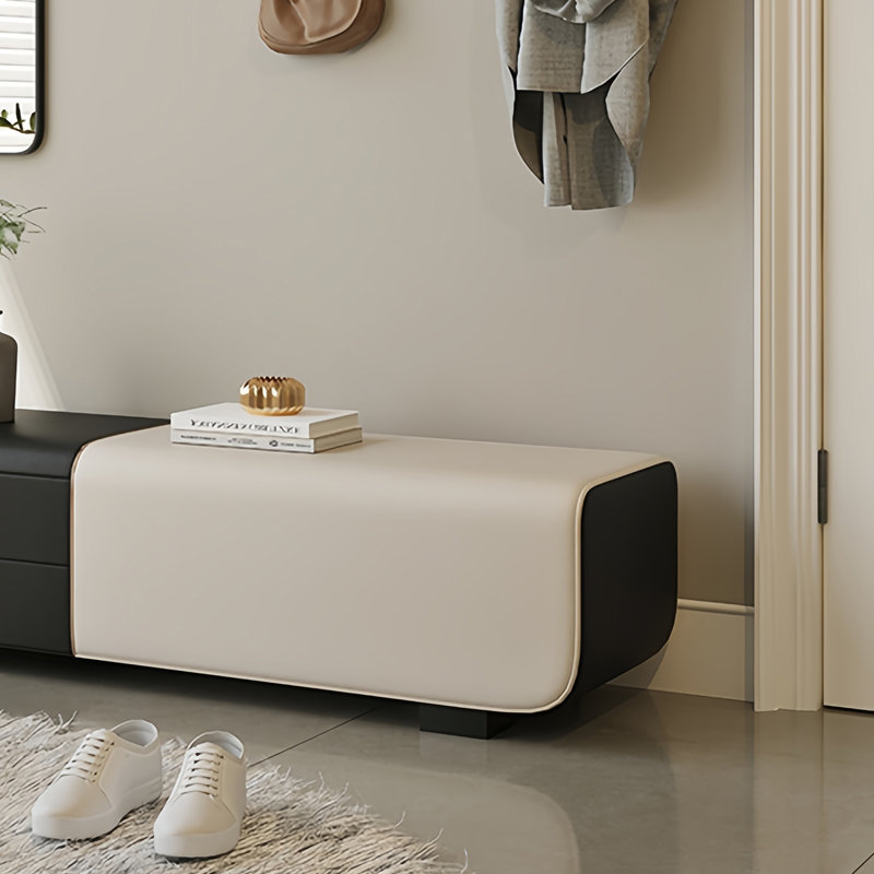 Banc de rangement rembourré en cuir Steph, Noir / Blanc cassé