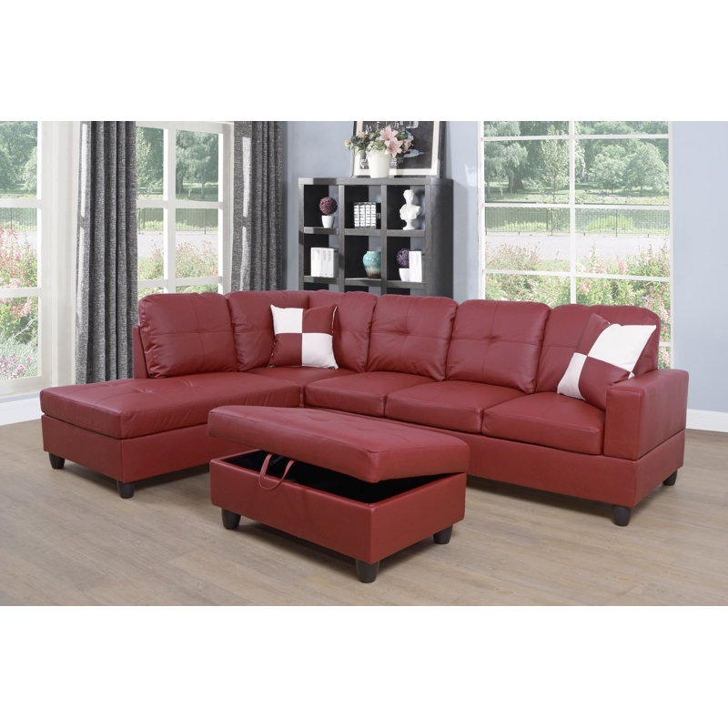 Burgundy Faux Leather 3-Piece L-Shaped Sectional Sofa Set with Ottoman, Black, Burgundy Faux Leather