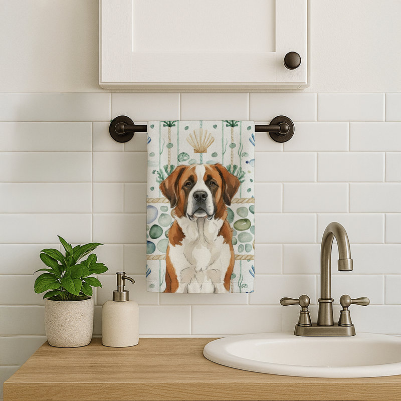 Brown and White Saint Bernard Coastal Sea Glass Kitchen Towel, Brown and White Saint Bernard