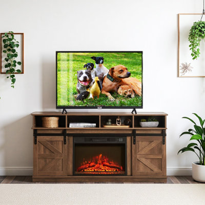 58 po Meuble télé pour téléviseur de 65 po ou moins, portes de grange, 4 tiroirs et trous pour câbles
