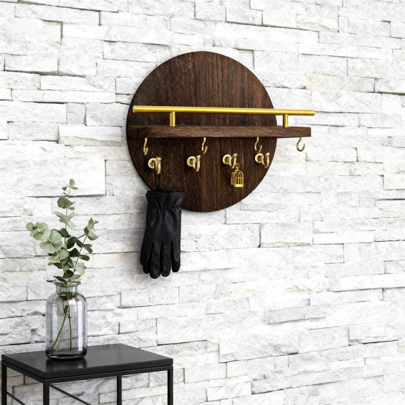 Porte-clés mural avec tablette et crochets, organisateur de vestibule rustique pour clés, courrier et décoration murale, Noir
