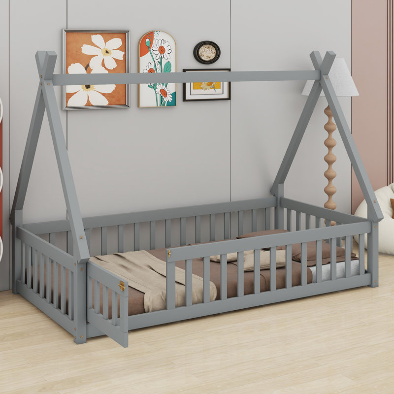 Modern Tent-Shaped Teepee Floor Bed With Guardrails, Slats And Door, Gray, Twin