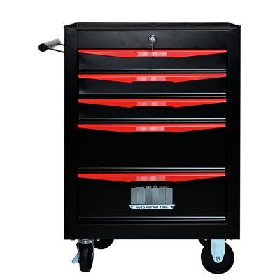 5 Drawer Workshop Trolley With Bearing Slides And Brake Wheels - Black&red 20.22*13.08*25.79inch 5 Tool Storage Locking Mechanism