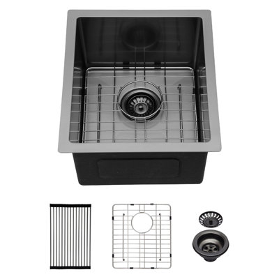 Évier de cuisine encastré noir canon de fusil 38 x 43 x 25 cm, acier inoxydable 16 g, robuste et résistant. Gabarit et clips de fixation inclus. Acier inoxydable de 16 g, anti-traces de doigts. Angle R10 pour plus d'espace.