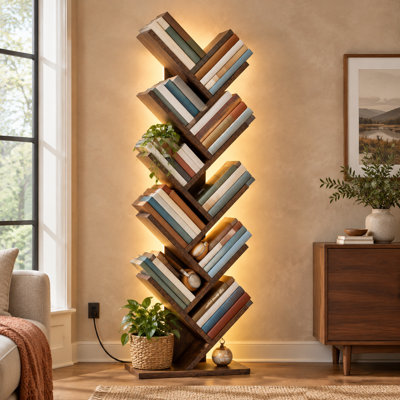 Bibliothèque rustique marron à 10 niveaux en forme d'arbre avec éclairage DEL, petite tablette de rangement et d'exposition sur pied pour livres, idéale pour le bureau, le salon ou un coin.