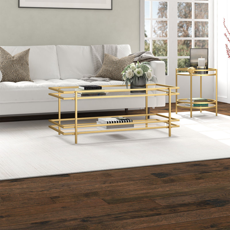 Robillard 45" Glass And Steel Coffee Table With Shelf, Brass