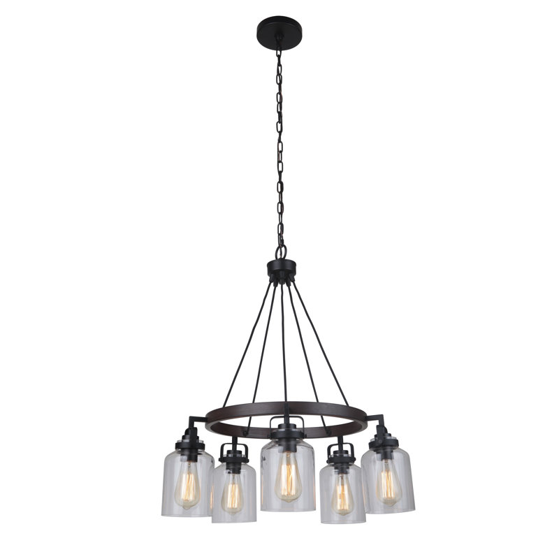 Lustre en roue de chariot Barrera Unique, Noir mat / tek foncé, 5 lumières