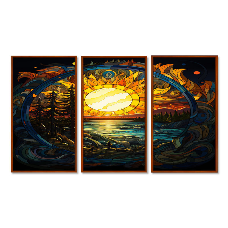Vibrant soleil jaune au-dessus de Forest Lake - rivière, ensemble d'art mural, H 40 po x l 60 po x P 1 po