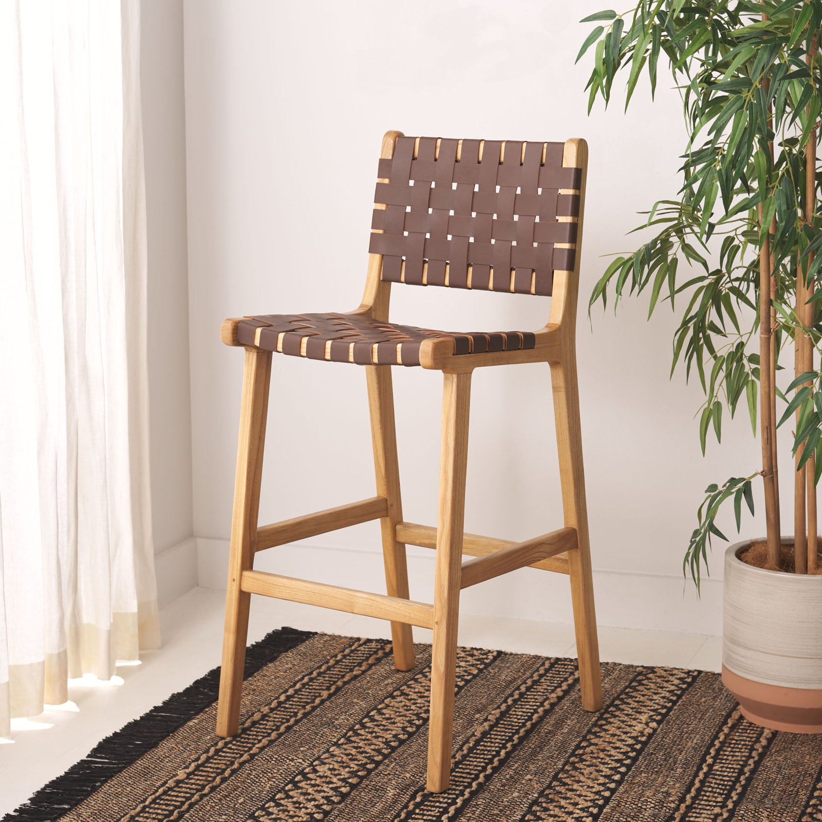Alston Leather Stool, Cognac Leather/Natural Frame, Counter Stool (27.16" Seat Height)