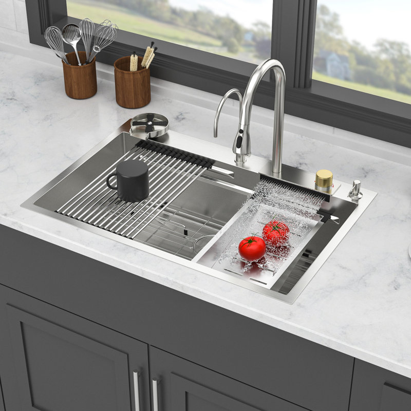 Évier de cuisine à rebord à cuve simple en acier inoxydable de calibre 16 33 * 22 pouces avec robinet coulissant et laveuse à gobelets, qualité T304 pour plus de durabilité, conception en cascade 3 modes d'eau, guide en forme de X