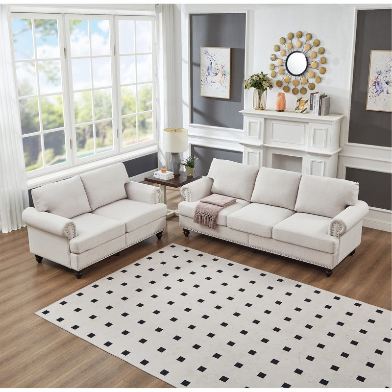 Canapé en tissu d'ameublement moderne et classique avec clous pour canapé 2 + 3 places., Beige