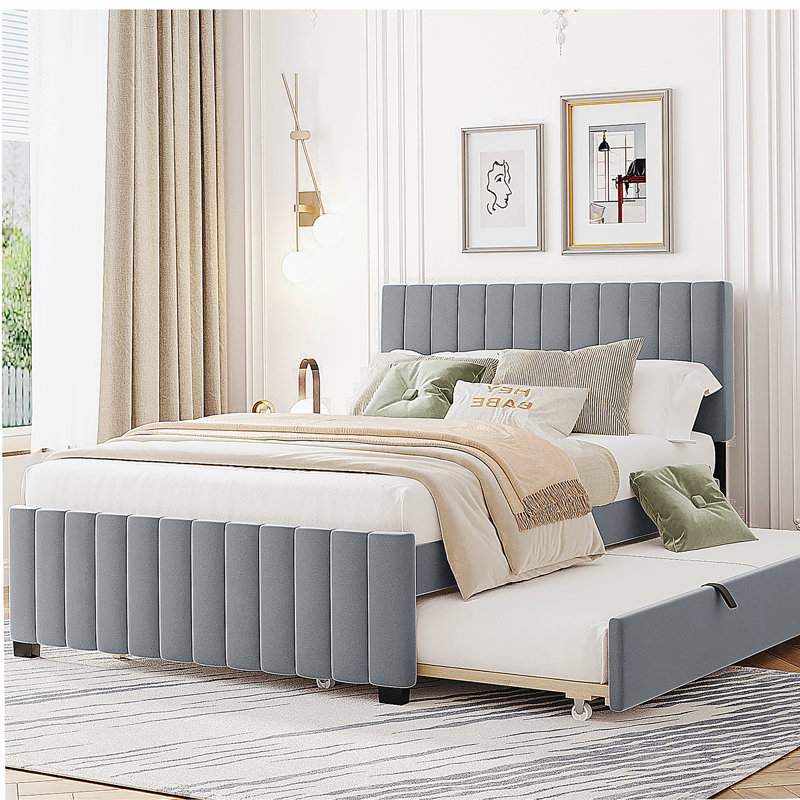 Lit plateforme double en velours avec plateau de rangement simple, Gris