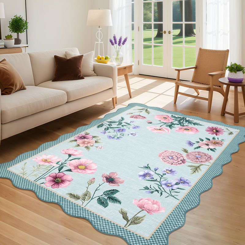 Farmhouse Floral Machine Washable Rug with Non Slip TPR Backing, Soft Non Shedding Scalloped Carpet, Low Pile Thin Floor Mats