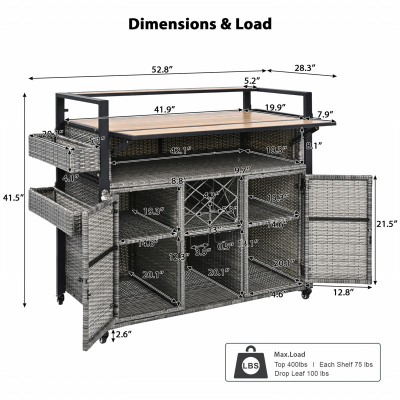 Tranquil 52.8"W Wicker Outdoor Grill Cart With Extended Table Top, Grey