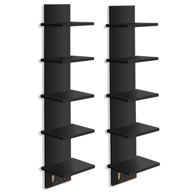 Sorbus 5 Tier Wall Shelf Unit with Hooks Set of 2, Vertical Column Utility Shelving for Home Decor and Storage, Black