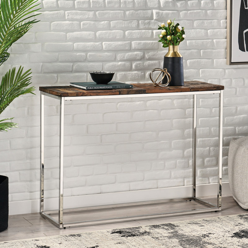 Console Table With Recycled Wood Platform And Stainless Steel Base Gracefulness