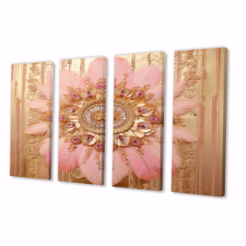 Boho, attrape-rêves rose et doré sur toile, 4 pièces