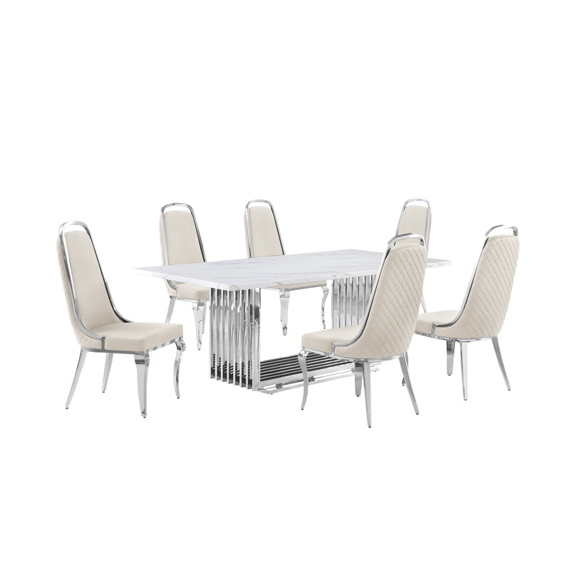 Ensemble de salle à manger rectangulaire L 79 po x l 40 po Kenne, Crème / argenté, 7, Argent