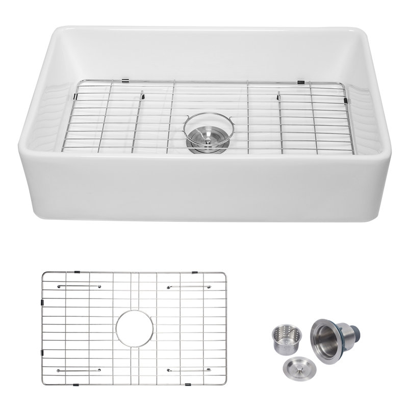 Évier de cuisine 33 po x l 20 po à tablier simple en céramique avec support à roulettes, grille inférieure