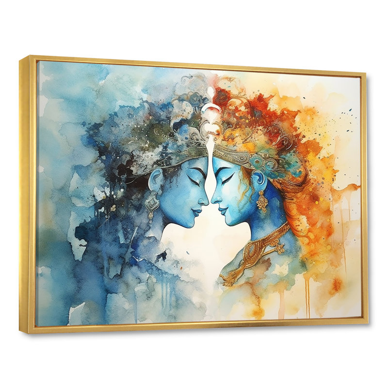 Hindouisme, aquarelle sèche, Radha Krishnas, mariage divin I - Hindouisme, art mural, Cadre flottant doré, 16" H x 32" W
