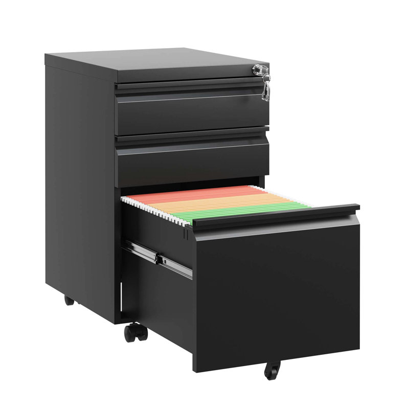 Metal Lockable 3 Drawer Filing Cabinet, Black, Fully Assembled, Home Office Organization, Build File Metal, Lock For Confidentiality Assurance, Space Saving Option Chosen