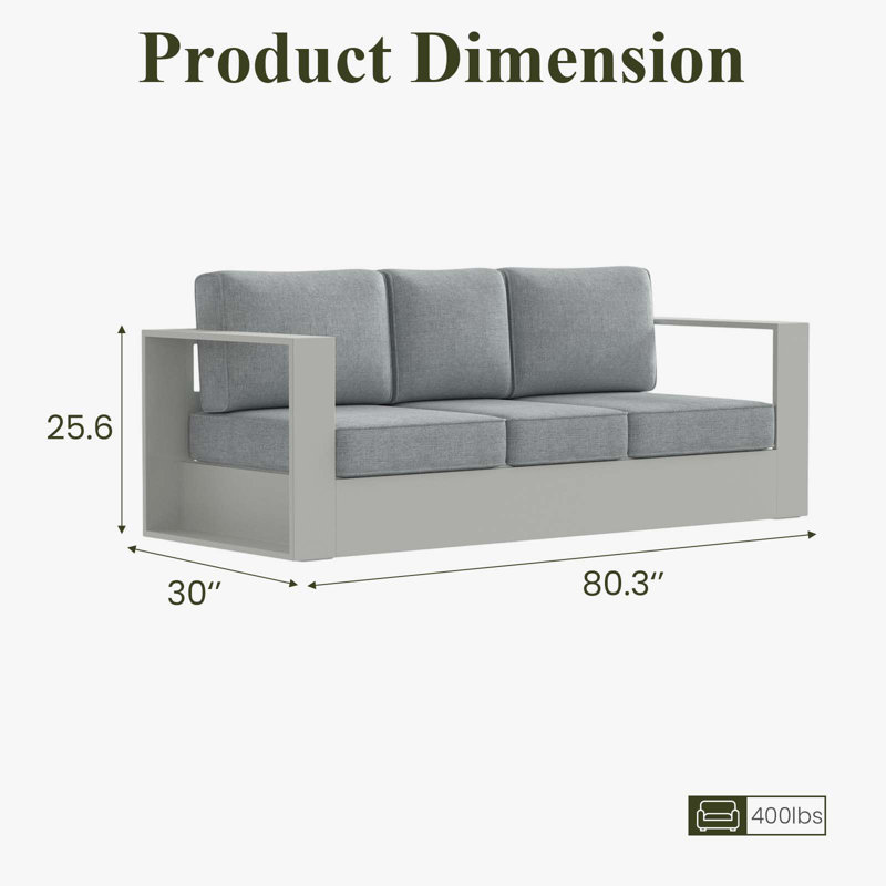 Canapé d'extérieur moderne en aluminium 3 places avec coussins, Coussin gris / cadre gris clair