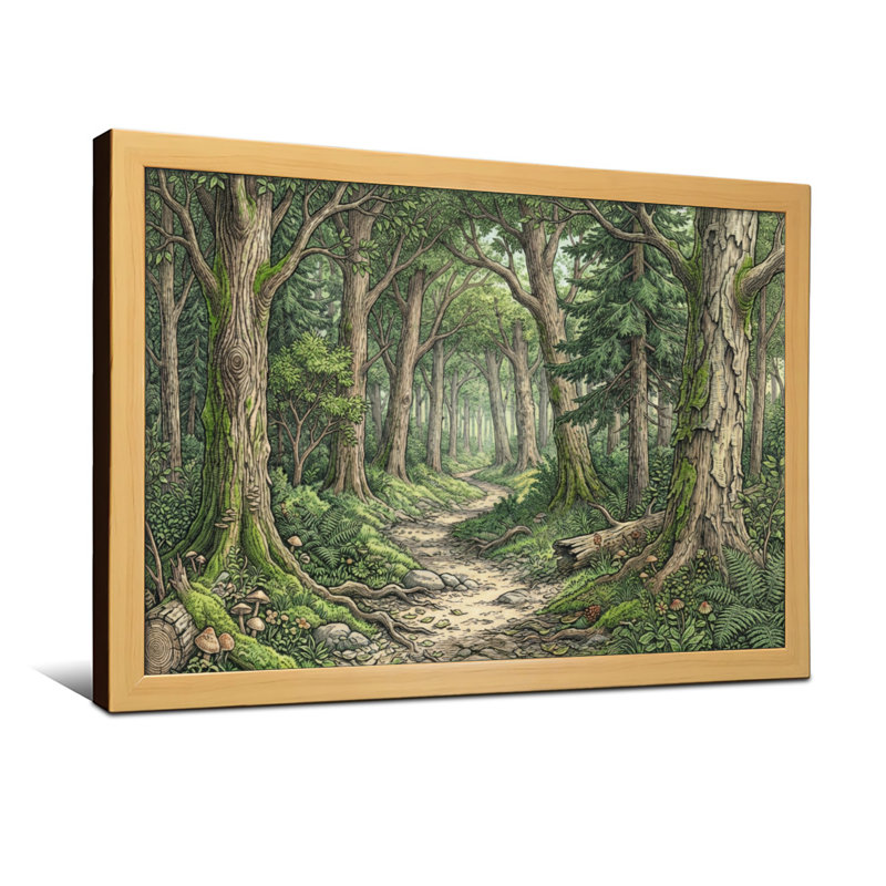 Chemin forestier avec de grands arbres et de la mousse verte, H 24 po x l 36 po, Cadre photo unique, Grain de bois clair