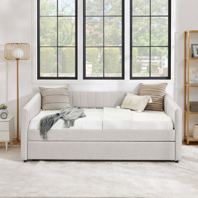 Full Size Daybed With Trundle Upholstered Sofa Bed, With Vertical Stripes, Linen Fabric by Latitude Run