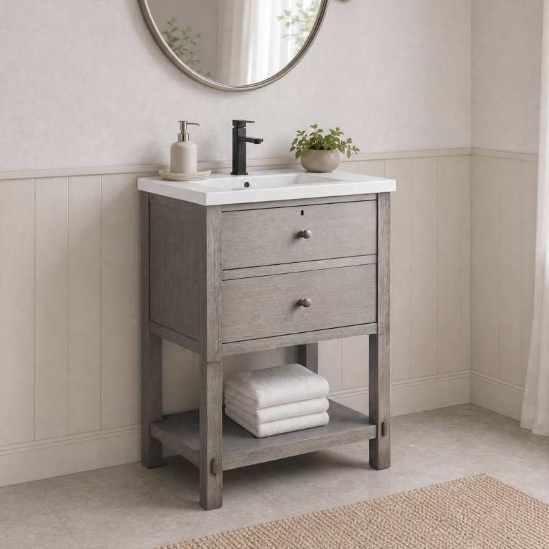 Meuble-lavabo double avec plateau en céramique Lunnete, L 24 po