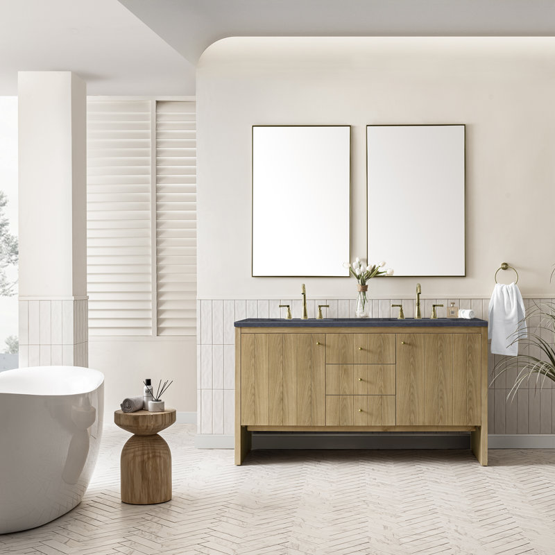 Hudson 60'' Double Bathroom Vanity with Top, Charcoal Soapstone, 8" Widespread, Light Natural Oak