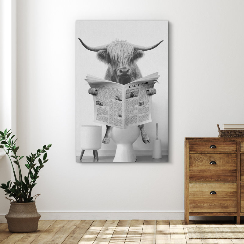 Impression sur toile encadrée, animaux, drôle, salle de bain, vache Highland, Toile tendue, H 24 po x l 16 po, Sans cadre
