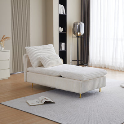Chaise longue 63 po en velours côtelé sans accoudoirs - Pieds en métal doré, coussins moelleux pour petits espaces