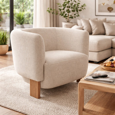 Chaise d'appoint compacte en tonneau avec dossier courbé pour la chambre à coucher - Fauteuil rembourré moderne pour le salon ou la salle à manger - 33 po, ivoire et brun clair