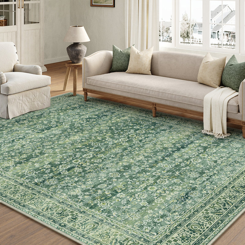  Vintage Floral Area Rug in Green, Rectangle 8' x 10'