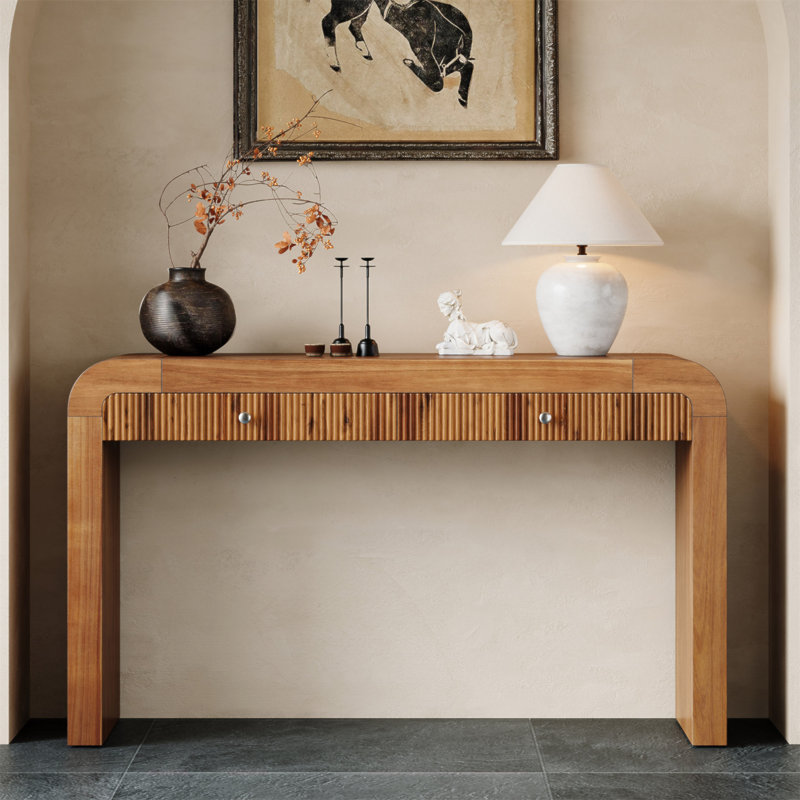 Console rustique avec tiroir cannelé TREXM, table d'entrée avec coins courbés et pieds épais, table de canapé robuste pour le couloir et le salon (brun)